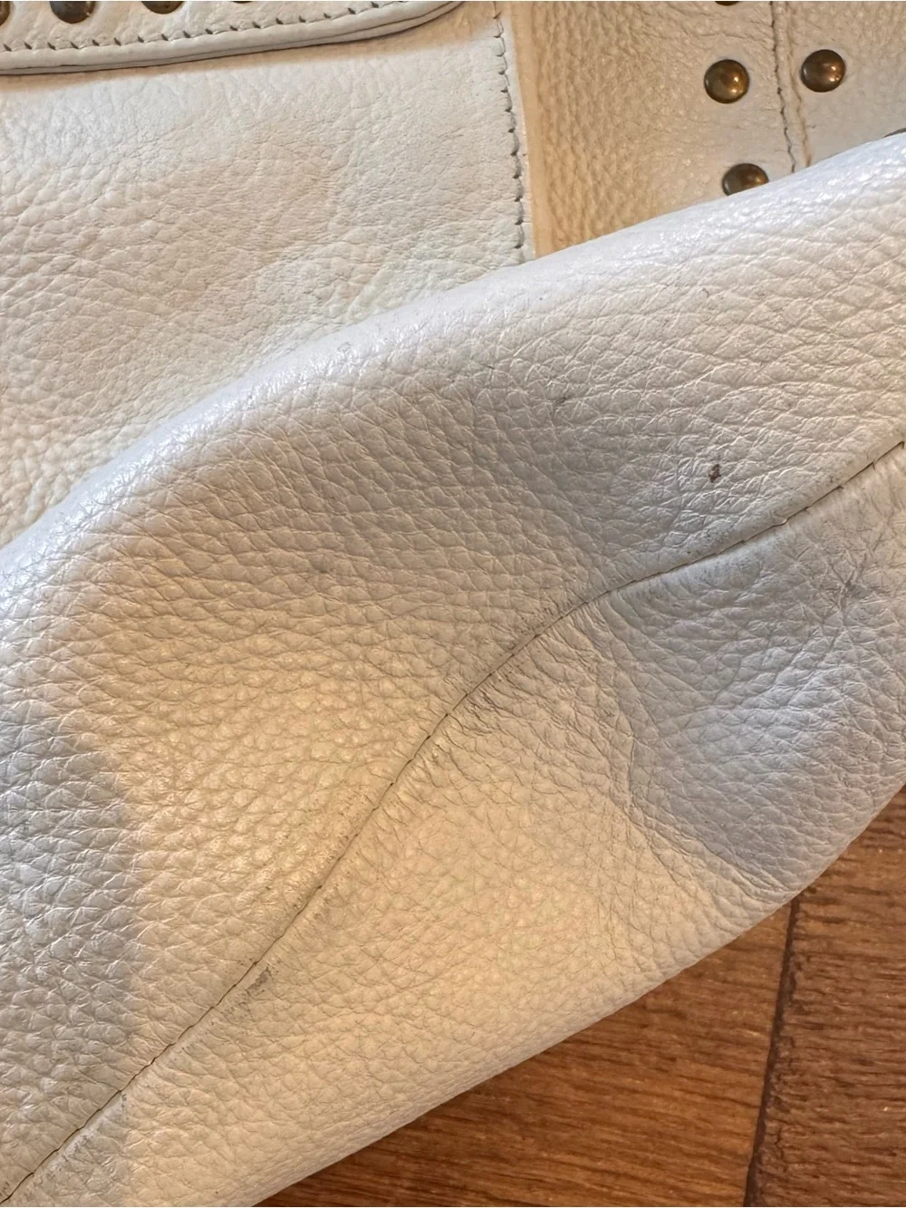 Betsey Johnson Cream Vintage Y2K Leather Shoulder Bag with Brown Studded Straps